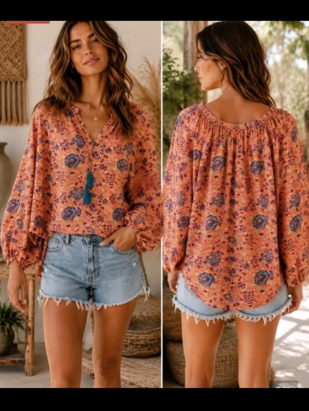 Natural Life Womens Colorful Floral Long Sleeve Boho Cottagecore Top S